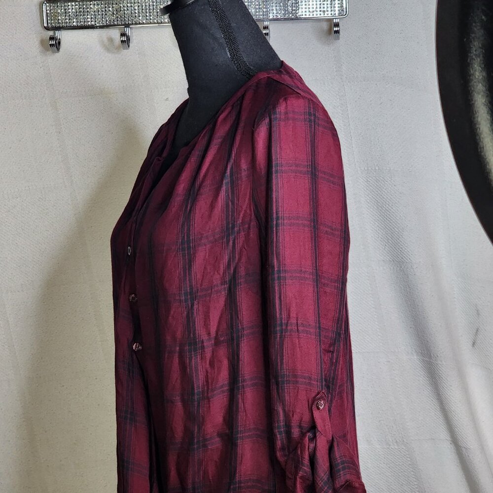 A.N.A. A New Approach Wine Black Plaid Long Tab Sleeve Button Up Faux Wrap Top S - Picture 9 of 16